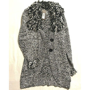 JOHN Fashion Knit Cardigan L Black White Fringed Collar N Sleeves 1/2 Button Up